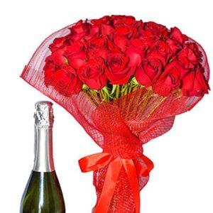 Buquê de 50 Rosas e Espumante